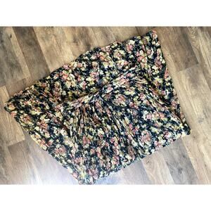 Vintage Cotton Pleated Floral A line Maxi Skirt with Drawstring Waist